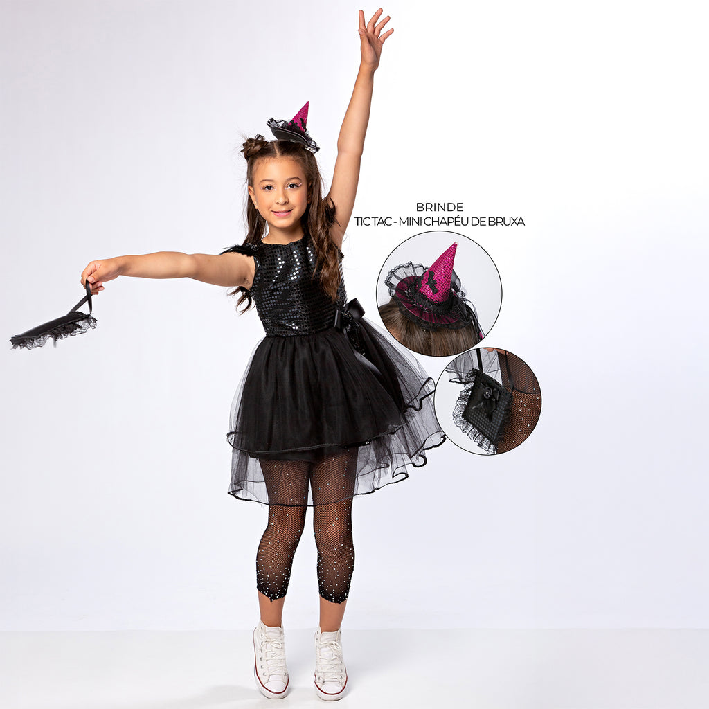 Fantasia Infantil Menina Bruxa Circe Halloween Luxo com Tic Tac