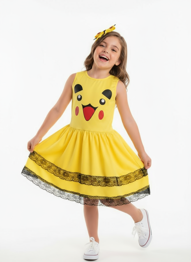 Fantasia Infantil Pikachu Vestido Amarelo com Laço