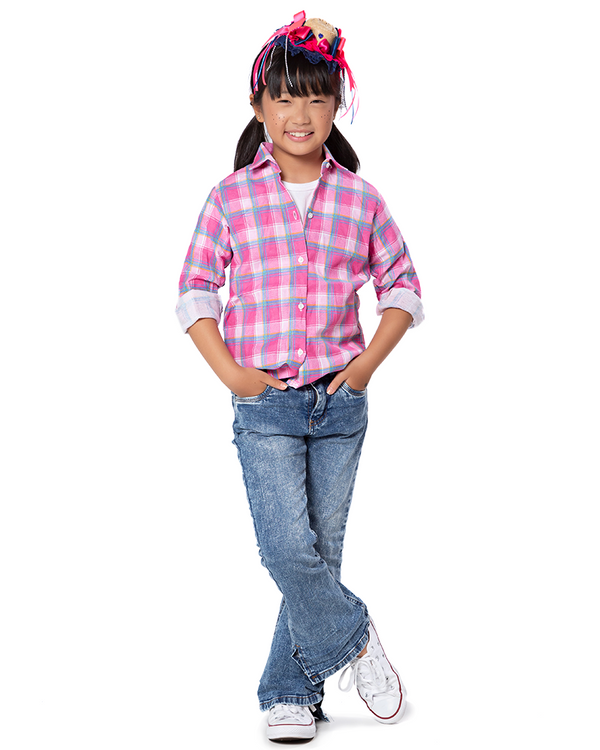 Camisa Xadrez Flanelada Rosa com Turquesa