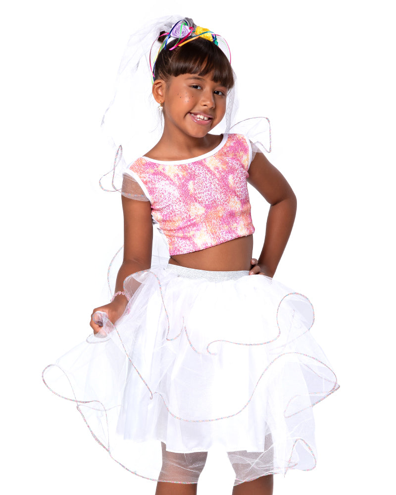 Conjunto Cropped Noiva com Saia, Cropped e Véu