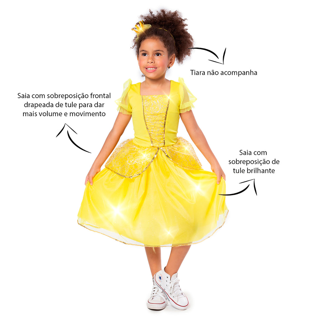 Fantasia Princesa Bela Infantil Clássica Tule Gliter Brilho