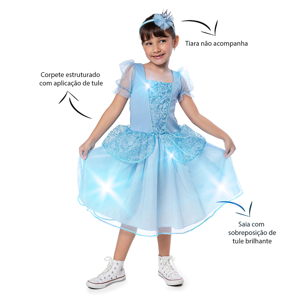 Fantasia Princesa Azul Clássica Infantil Luxo Brilhante