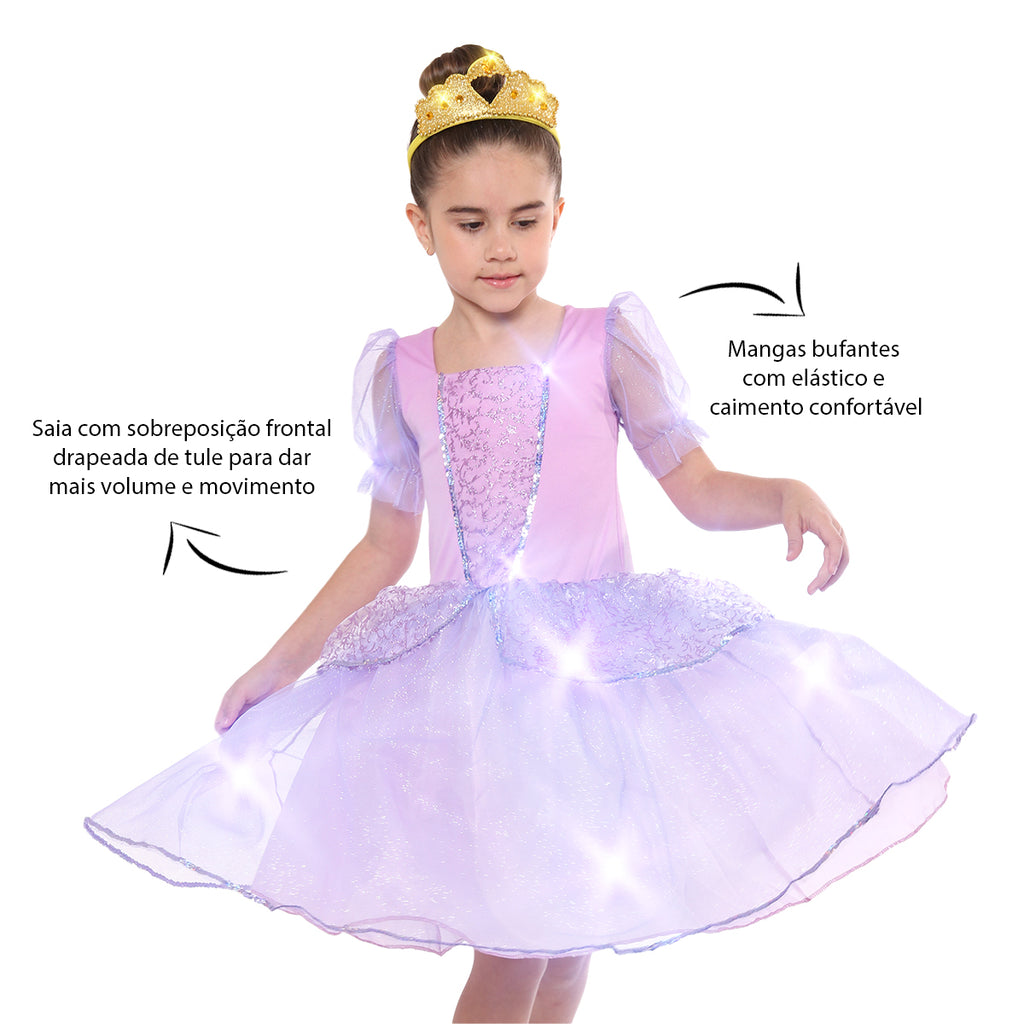 Fantasia Princesa Lilás Clássica Infantil Luxo Brilhante