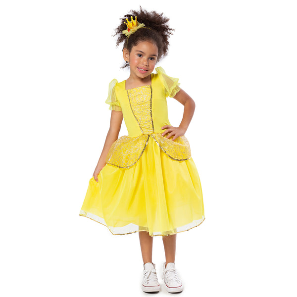 Fantasia Princesa Bela Infantil Clássica Tule Gliter Brilho