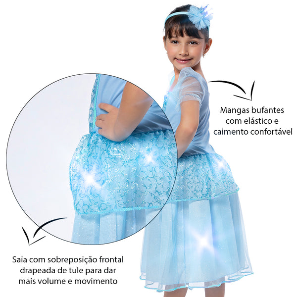Fantasia Princesa Azul Clássica Infantil Luxo Brilhante