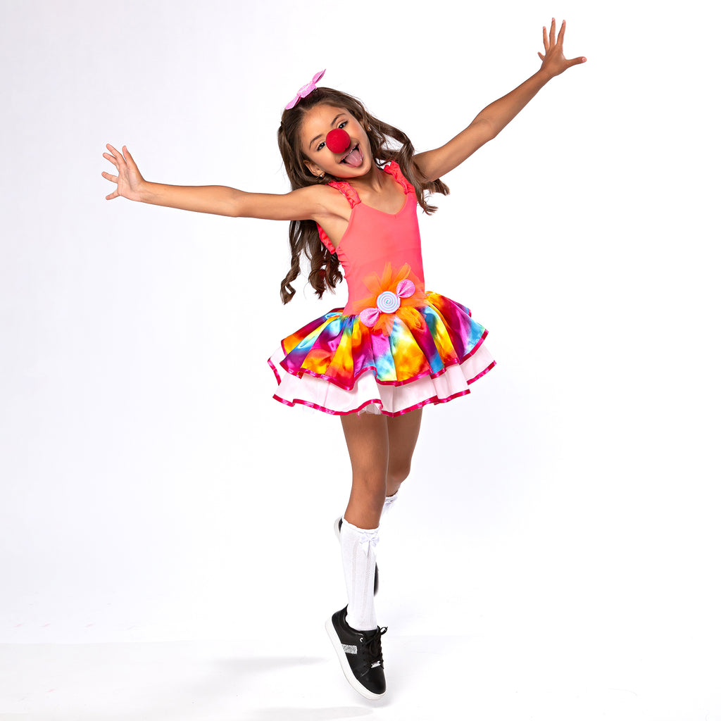 Fantasia Infantil Palhaça Chiclete Colorida com Saia Xadrez e Brinde