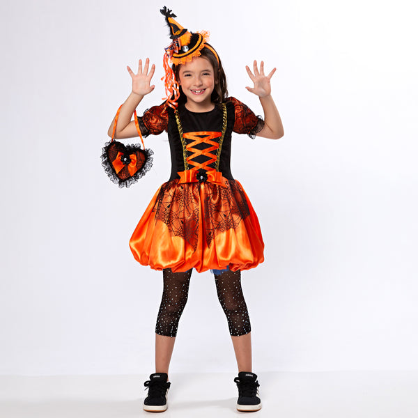 Fantasia Bruxinha Infantil Abóbora Platty Halloween + BRINDE Tiara