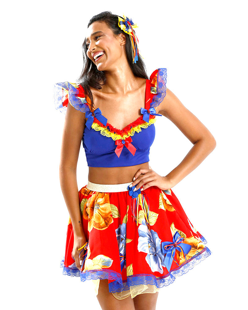 Conjunto de Saia e Cropped com Estampa Floral – Linha Caipira