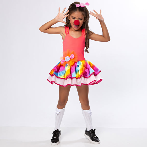 Fantasia Infantil Palhaça Chiclete Colorida com Saia Xadrez e Brinde