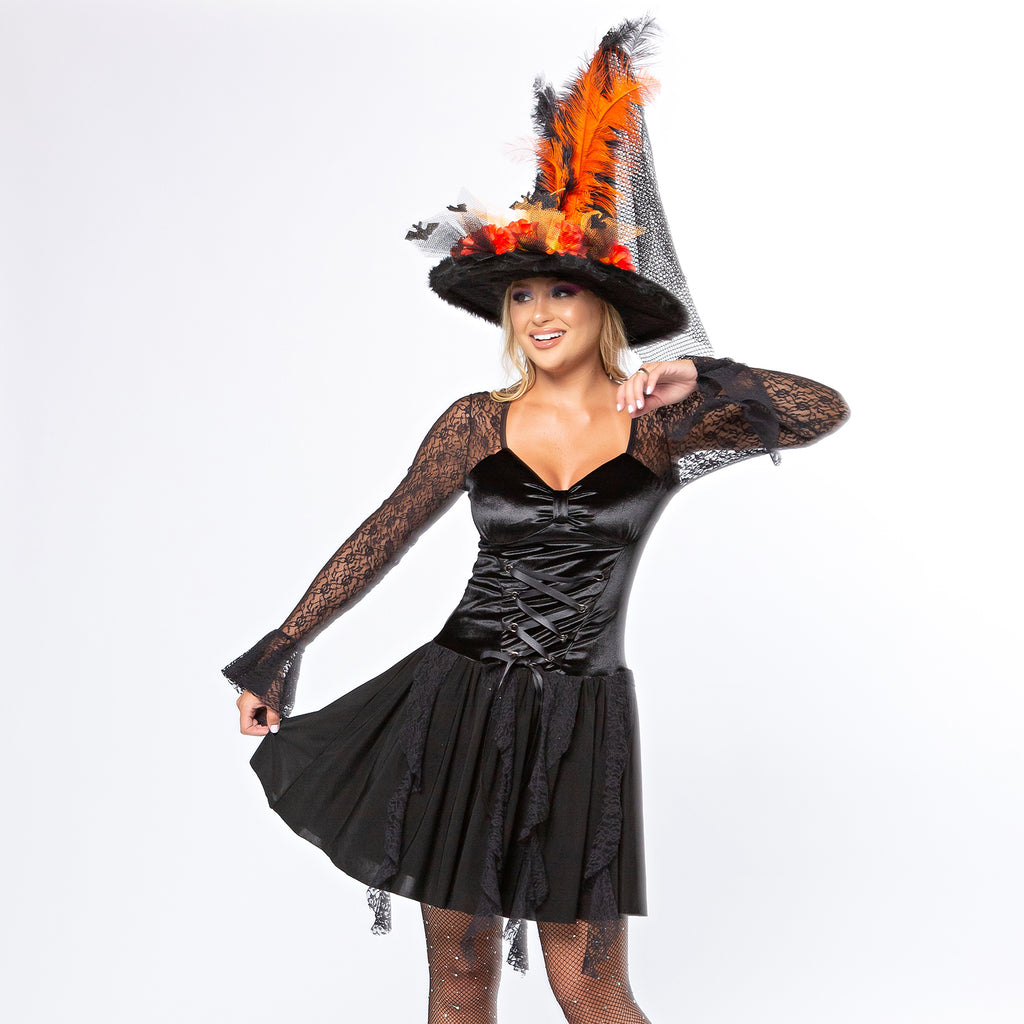Fantasia de Bruxa Adila  Luxo Adulto Preta com Renda Halloween