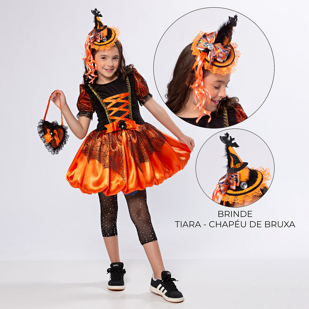 Fantasia Bruxinha Infantil Abóbora Platty Halloween + BRINDE Tiara